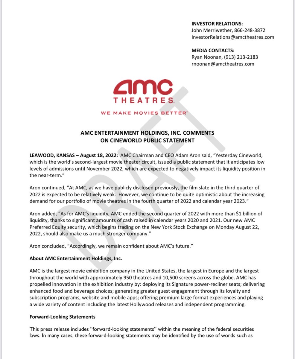CEOAdam's tweet photo. Yesterday, Cineworld/Regal (our next largest competitor) issued a fairly bleak prognosis for its near-term performance and liquidity. By contrast, at AMC, we are quite optimistic and confident in our future. Especially so because of our new APE security. Our statement today: https://t.co/Z0t9XhALpZ
