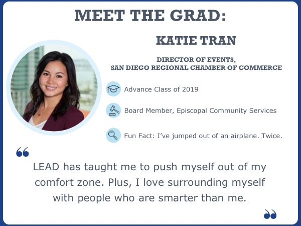 LEADSanDiego's tweet photo. This month's #MeetTheLEADGrad features #LEADAdvance graduate and Director of Events for @SDChamber, Katie Tran! Katie is passionate about community involvement and was recently selected to be a Board Member for @ECS_SanDiego. Get to know Katie π https://t.co/xDb7pk8OXP