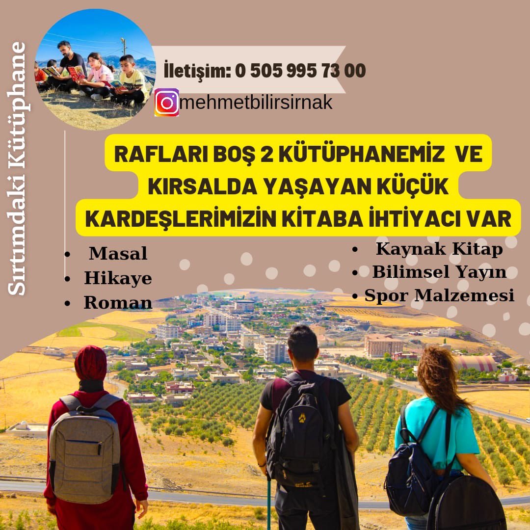 #SırtımdakiKütüphane projesiyle Şırnak’ta Sırtlarında Kitaplarla köy köy gezip gençlerimizi Okumuya keşfeden Geçlerimizi Tebrik ve taktir ediyorum

Kütüphanelerini tamamlamak için desteklerimize ihtiyaçları var,
Bu güzel inisiyatifte bizimde Çorbada tuzumuz bulunsun diyorsanız 👇