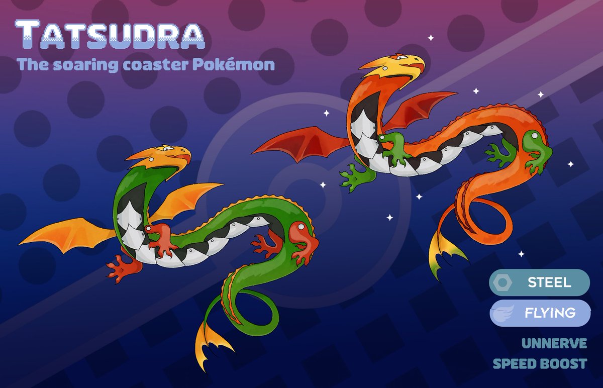 orbmonsters's tweet photo. Tatsudra! 🐉 Based off of Tatsu at Six Flags (the regular is its current color scheme, the shiny version is its previous color scheme) cause on Wikipedia I saw "Type: Steel Flying" and thought...I guess it's a Pokemon.
#fakemon #fakemondesign #legendaryfakemon #mythicalfakemon https://t.co/bouq6U2lN1