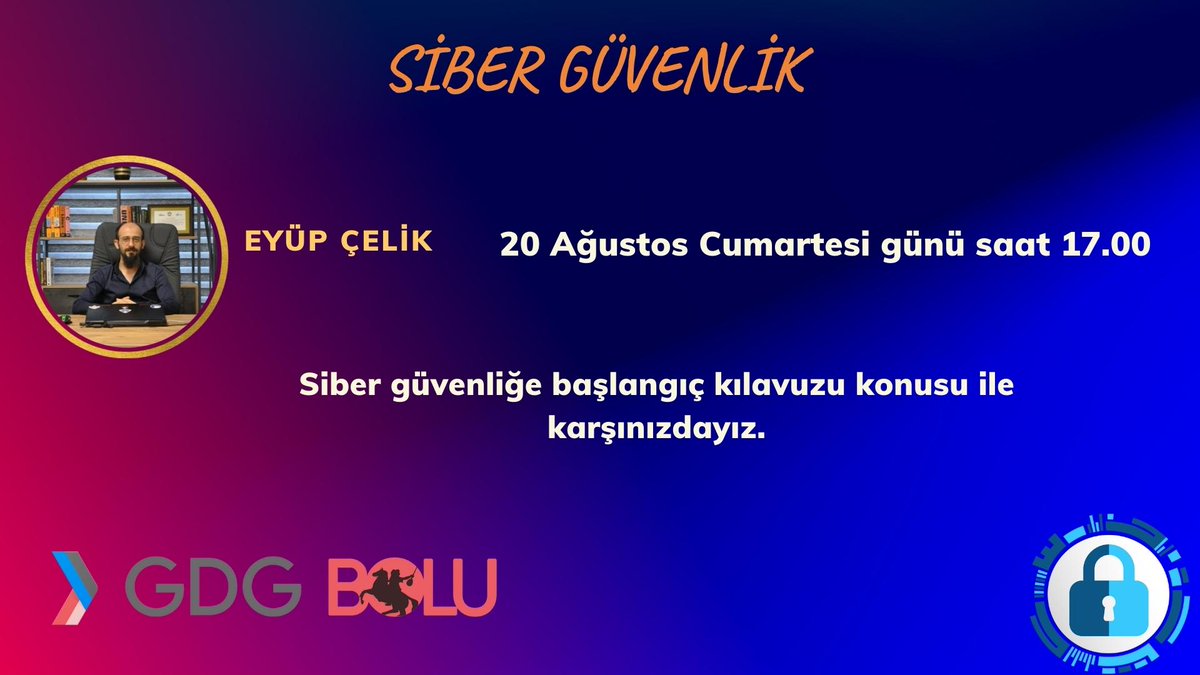 Herkese merhaba!
GDG Bolu olarak 20 Ağustos Cumartesi günü saat 17.00 da Youtube üzerinden canlı yayın olacak şekilde, Cyber Security Researcher Eyüp Çelik ile birlikte "Siber güvenliğe başlangıç kılavuzu" konulu bir etkinlik yapacağız. Hepinizi bekliyoruz. 🎉🥳