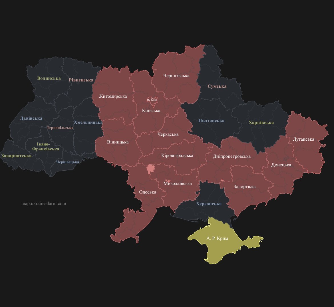 ChristopherJM's tweet photo. Meanwhile, Russian missiles being fired at Ukraine. Here’s a map showing where air raid sirens are in effect now. https://t.co/u2Rn6jL1Jc