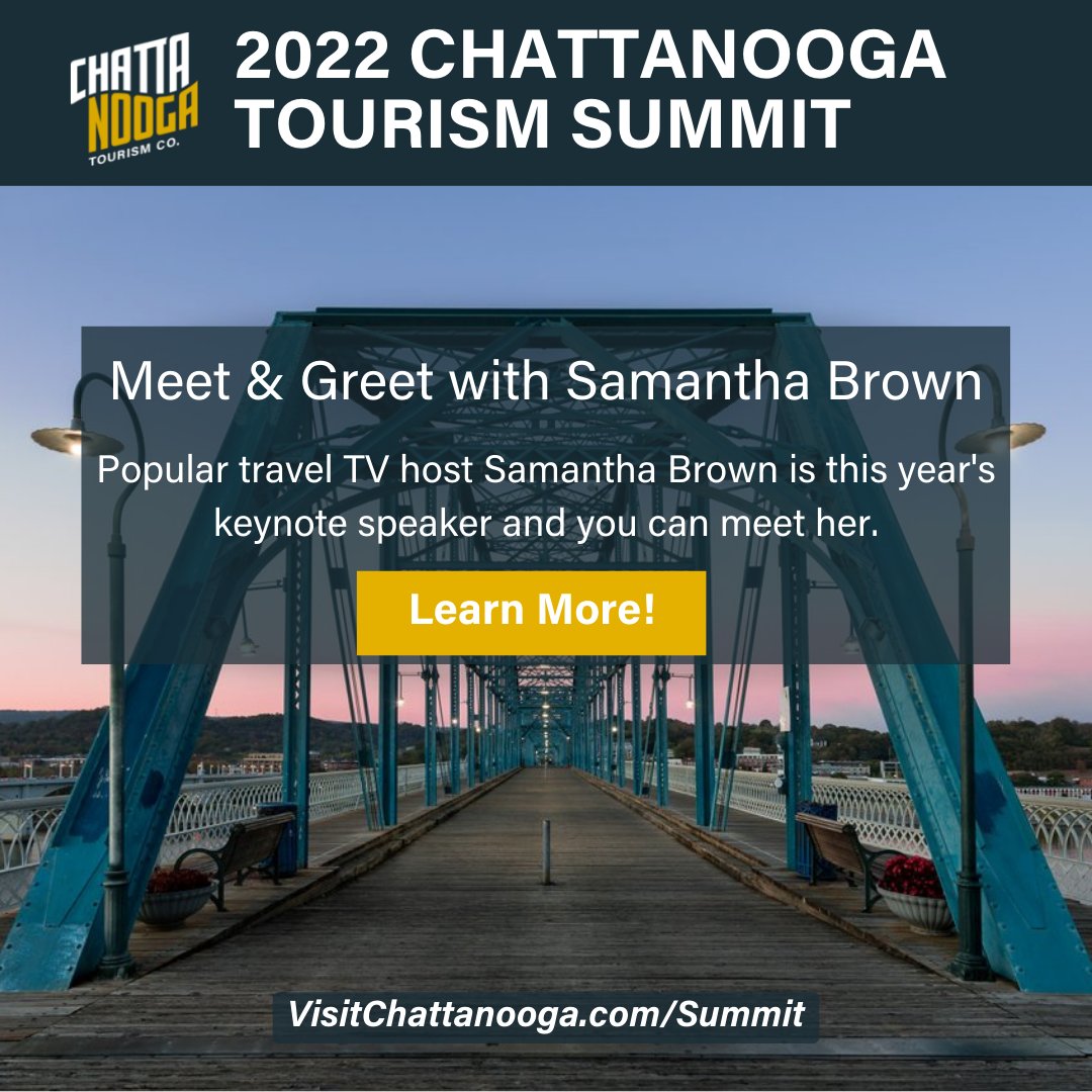 Want to meet Samantha Brown in person? You can! Purchase an individual summit ticket or partnership package, &amp; you can add on a VIP Meet &amp; Greet with Samantha Brown. Click the links below ⬇️

Follow Samantha Brown: instagram.com/samanthabrownt…

Purchase ticket: visitchattanooga.com/corporate/tour…
