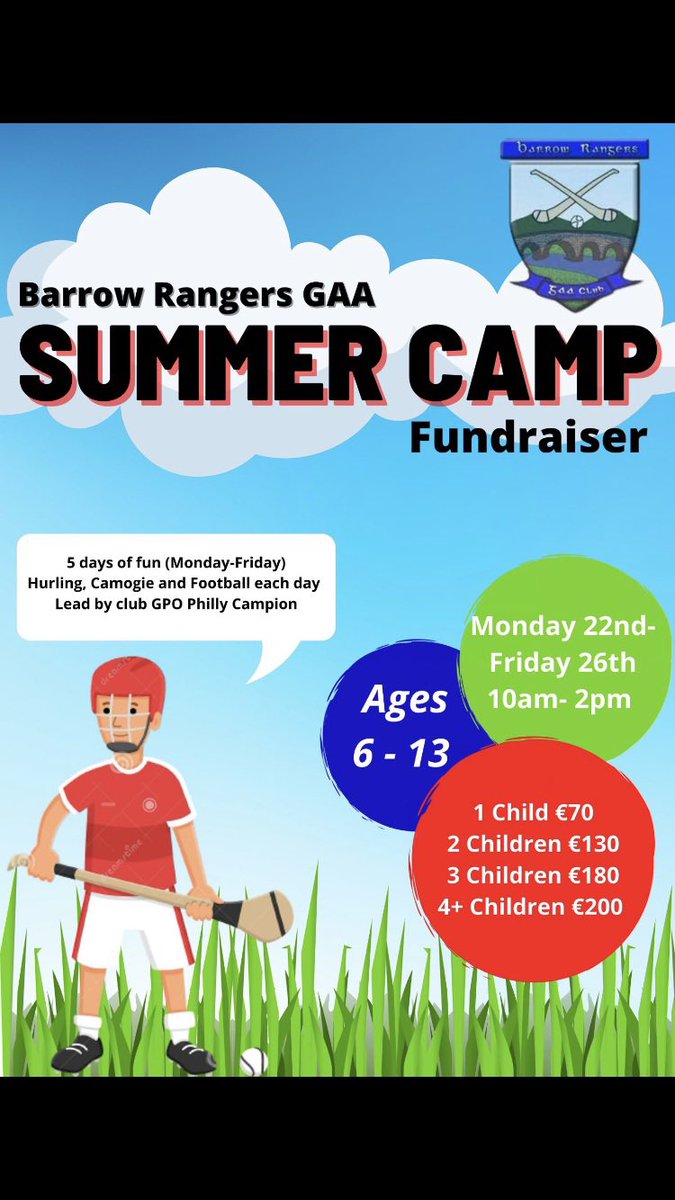 Reminder that registration for our summer camp takes place tomorrow from 6 - 7 in the pitch. 

The camp is due to take place next Monday the 22nd - Friday the 26th from 10 - 2 each day. 

Cash and card both accepted. See the poster attached for prices.