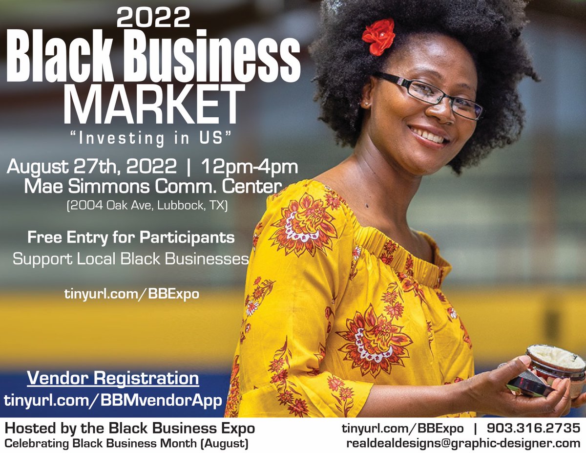 Black Business Market
#BlackBizExpo #BlackBusinessExpo #HubCity  #Lubbock #LBK #SmallBiz #WestTexas #LubbockTx #LubbockTexas #SupportBlackBusiness #BlackBusiness #BlackOwnedBusiness #BuyBlack #BlackOwned #ShopBlack #LocalLbk #LocalLubbock #ShopLBK #ShopLocalLbk #BlackOut