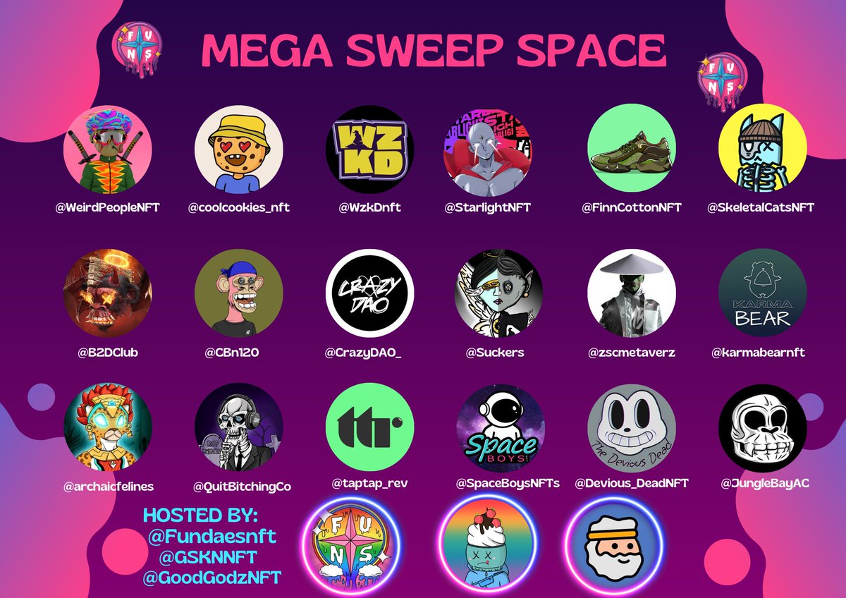 Fundaes Mega Space this Friday at 5pm EST

Join us for a great time with Music and Giveaways

Giving away a FREE Fundaes #NFT on this Tweet 🎉

To Win: 
1) Follow <a href="/Fundaesnft/">Fundaes NFT</a>
2) RT + Tag 3
3) Must be in the space to claim:
x.com/i/spaces/1Mnxn…