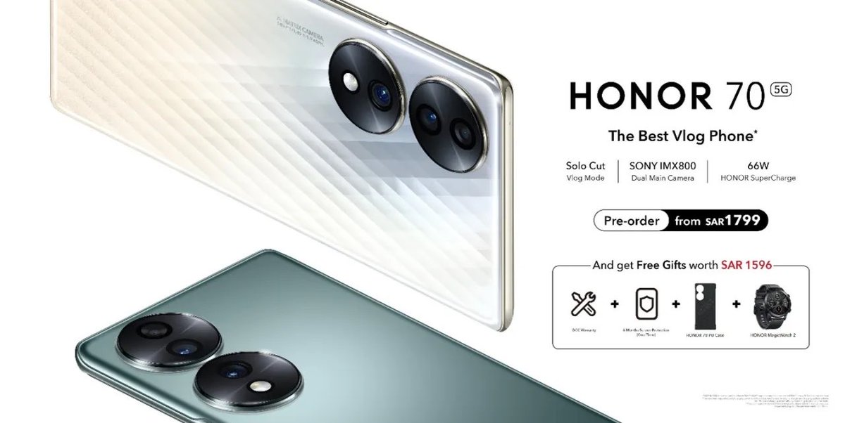 ainalalam's tweet photo. HONOR Unveiled the Iconic HONOR 70 5G, Delivering Industry’s First Solo Cut Vlog Mode and Exceptional Vlogging Experience Pre-order available at Jarir Bookstore, STC, and Extra, noon, Lulu and other stores with an attractive offer and free gifts https://t.co/54jvad1HmY https://t.co/AzB0LPm8CR