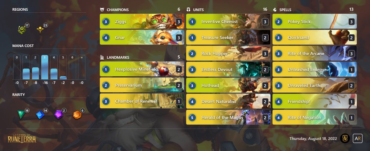 NozzaLor's tweet photo. Here's the list from the Champion Roulette when it put Ziggs &amp; Gnar together. Let me know how you'd build it. Here's how I got on in ranked: https://t.co/65zezDXVxh 

#LegendsOfRuneterra #LoR https://t.co/LTTxWF6zY8