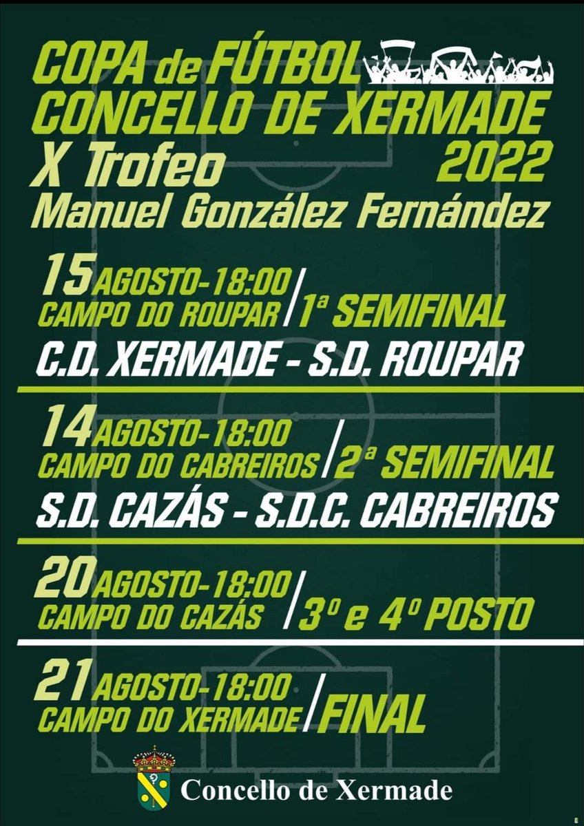 20 agosto ás 18:00 h
SD CAZÁS - SD ROUPAR
🏟️ Catro Ventos
#forzacazás