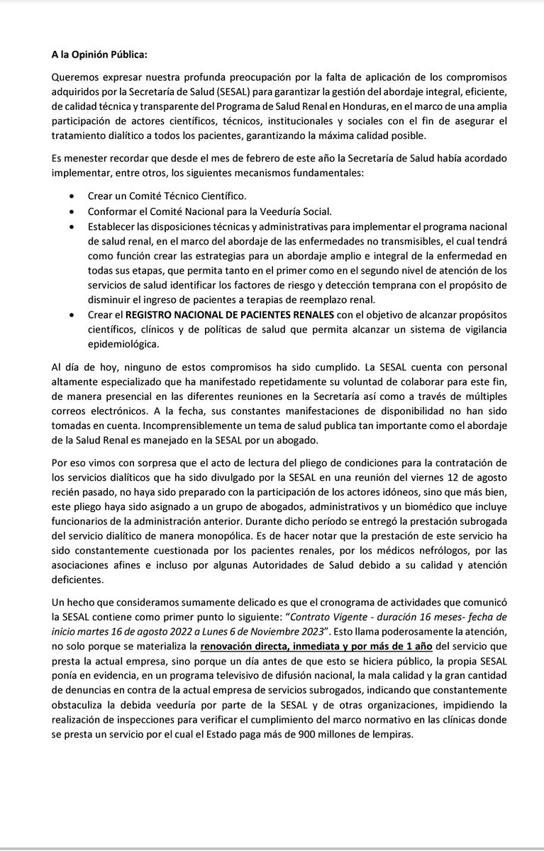Fun_Luvi's tweet photo. Comunicado. 
Las Organizaciones de Pacientes Renales acompañado de especialistas renal con el fin que se de  acciones pertinentes y transparente para el abordaje del Programa Nacional Salud Renal  expresamos:
@SLANH_ @saludgobhn @OPSOMS_Honduras   @SEPresidencial @claycop https://t.co/yRzSXVCbhC
