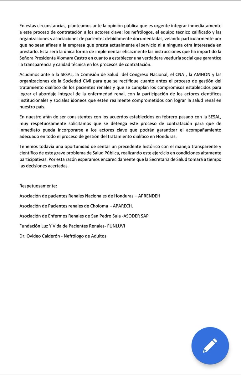 Fun_Luvi's tweet photo. Comunicado. 
Las Organizaciones de Pacientes Renales acompañado de especialistas renal con el fin que se de  acciones pertinentes y transparente para el abordaje del Programa Nacional Salud Renal  expresamos:
@SLANH_ @saludgobhn @OPSOMS_Honduras   @SEPresidencial @claycop https://t.co/yRzSXVCbhC