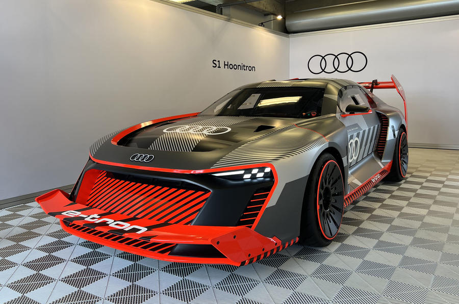 autocar's tweet photo. The Audi S1 E-tron Quattro Hoonitron, built for Ken Block, has publically debuted at the Monterey Car Week 🏁 https://t.co/h7QClBmcEn https://t.co/kYqqfpPOmJ