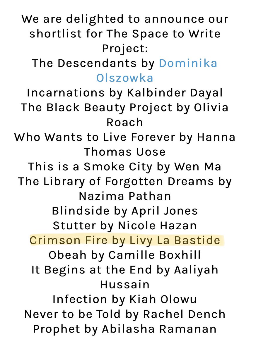 olivialabastide's tweet photo. I’ve been 💫shortlisted💫 for The Space to Write Project! Delighted and thrilled that my YA WIP has been selected, and congratulations to the other writers, too! Keep your fingers crossed for ‘Crimson Fire’ 🥳 https://t.co/Y29efNb3NL