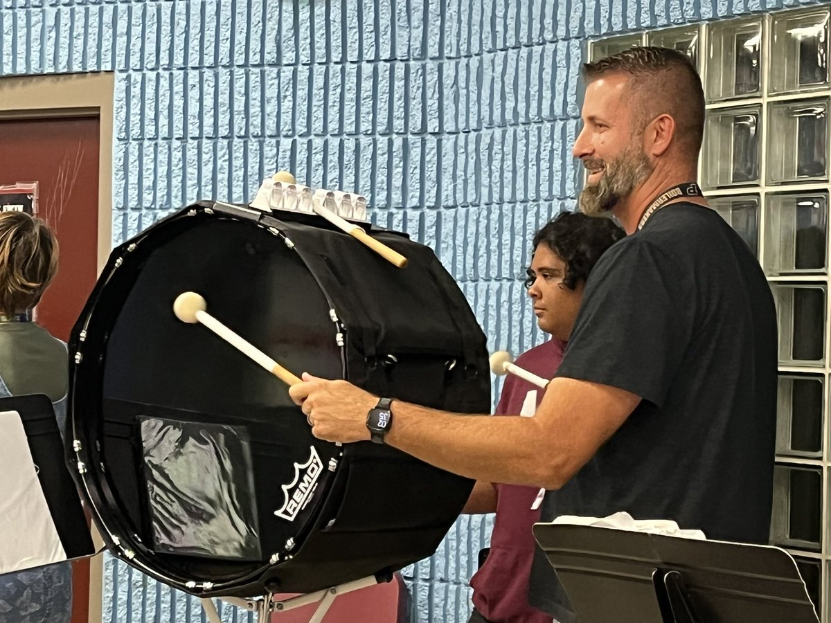 MHS Girls Basketball Coach Chadd Blasko stopped by class today and enjoyed playing some bass drum! He kept a pretty decent beat in case you were wondering. <a href="/cavemensports/">Mishawaka Athletics</a>