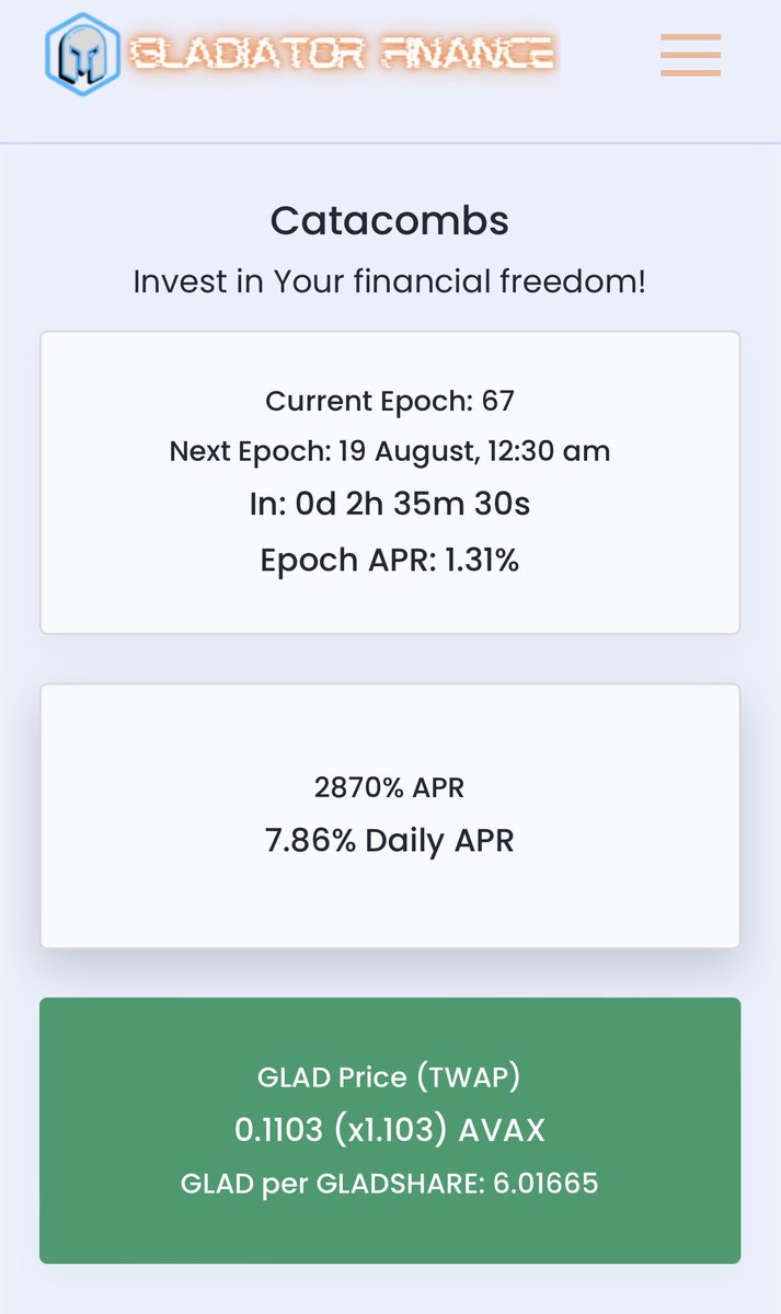 vandertrip_uk's tweet photo. @GladiatorDeFi Right… so !!! Patrician NFT’s are paying currently 200% yield over 7 days so $120 each! Catacombs (Boardroom) 7,86% DAILY! LP pools 3,86% DAILY! Current PEG (TWAP 1.1) $GSHARE price 100% today, $GLAD 16%. And we’re just warming up 🔥#tombfork #algocoin #NFTGame https://t.co/9aE4X6iB5i