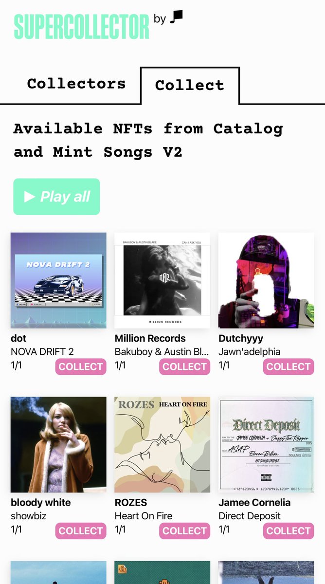 Supercollector (@supercollector_) on Twitter photo Check out the latest *available* Music NFTs from <a href="/catalogworks/">Catalog</a> and <a href="/mintsongs/">Mint Songs</a> V2
supercollector.xyz/#collect
Feat: <a href="/dotmvsic/">dot (◕‿◕)♡</a> <a href="/millionrecords_/">Million Records (.lens)</a> <a href="/Dutchmassive/">Dutchyyy</a> <a href="/bloodywhxte/">Lucas</a> <a href="/ROZESsounds/">ROZES</a> <a href="/JameeCornelia/">jameecornelia</a> Check out the latest *available* Music NFTs from <a href="/catalogworks/">Catalog</a> and <a href="/mintsongs/">Mint Songs</a> V2
supercollector.xyz/#collect
Feat: <a href="/dotmvsic/">dot (◕‿◕)♡</a> <a href="/millionrecords_/">Million Records (.lens)</a> <a href="/Dutchmassive/">Dutchyyy</a> <a href="/bloodywhxte/">Lucas</a> <a href="/ROZESsounds/">ROZES</a> <a href="/JameeCornelia/">jameecornelia</a>