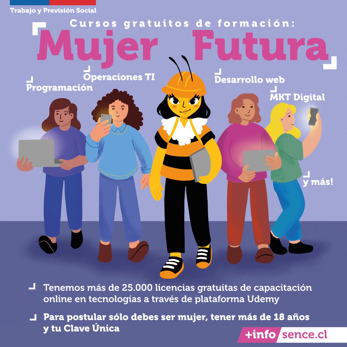 trabejita's tweet photo. ¡Ya cabras🙌🏽! Tenemos 25.000 licencias gratuitas para poder formarte con alguno de los cursos de #MujerFutura: Programación, Operaciones TI, MKT Digital y más! Sólo debes tener más de 18 años, ser mujer y tener Clave Única. 

Inscríbete👉🏽https://t.co/vEhXry9rC0 https://t.co/rS2iK5CVT7