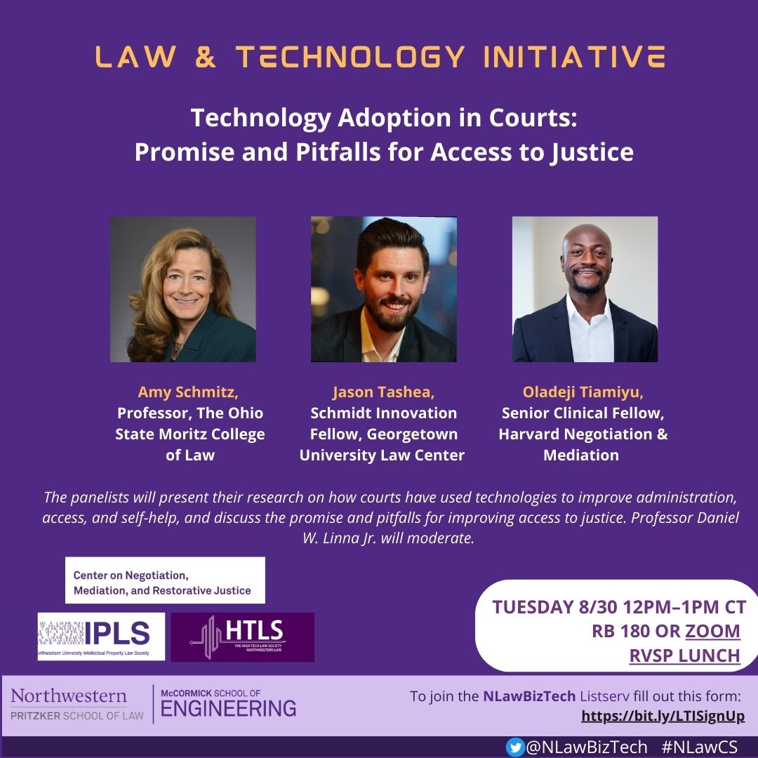 DanLinna's tweet photo. Technology Adoption in Courts: Promise and Pitfalls for Access to Justice
Join our @NLawBizTech Law and Technology Initiative program on Aug 30 at Noon CT to hear @AmyJSchmitz1, @jtashea, & Oladeji Tiamiyu!
Register for Zoom: https://t.co/p5MDHilVkB
#CLE
#A2J #A2LS
#NLawCS https://t.co/ZH8NmJOxb7