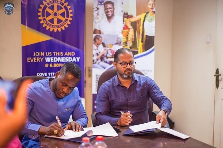 RotaryAI's tweet photo. Leadership of Rotary Club of Accra industrial signed an MOU with @bluecrestcollege.ghana  to grant one needy but brilliant female Full Scholarship to study in a STEM course for 4 years.

#rotaryai #rotaryunday #rotaryafrica #peopleofaction #rotaryworks #serivceaboveself #rotary https://t.co/dHve4wgyDY