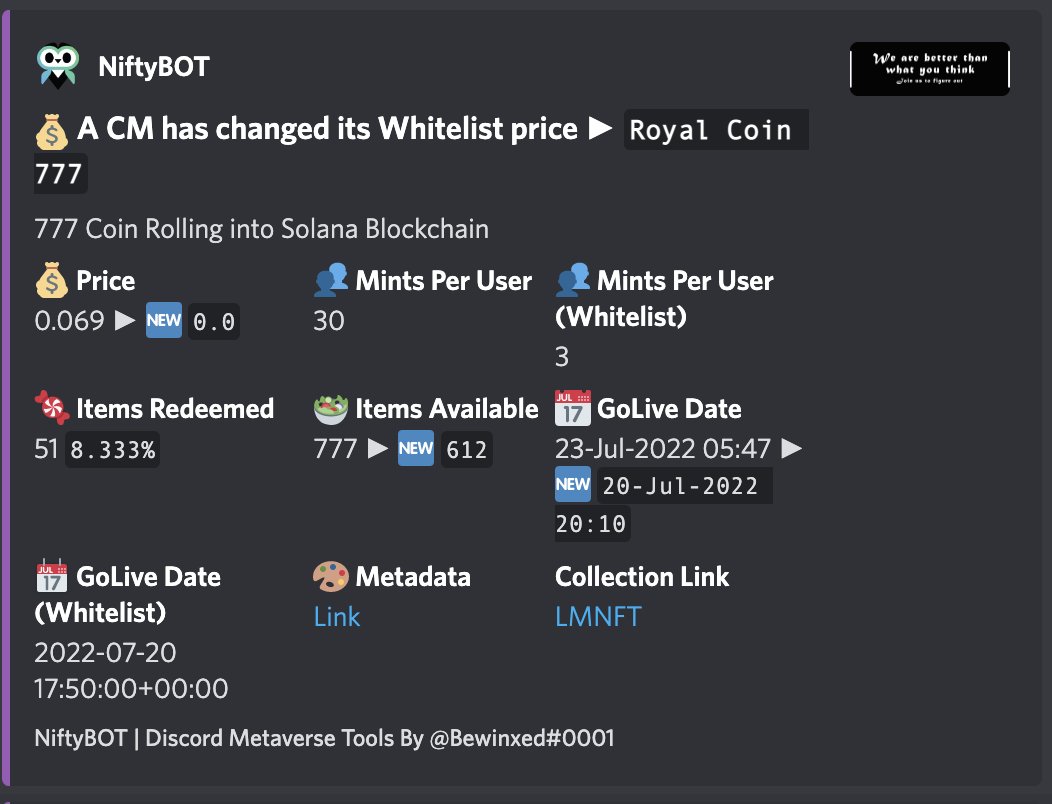 MetaDrago_NFT's tweet photo. 🐲Meta Drago Utility🐲

Love degen mints? Our Nifty bot has a 
@LaunchMyNFT Candymachine tracker. It shows every project launching and will also keep you up to date with any price changes. Get a Drago on @MagicEden
today to take advantage of this awesome tool.

#SolanaNFTs https://t.co/9DwOLlCMMG