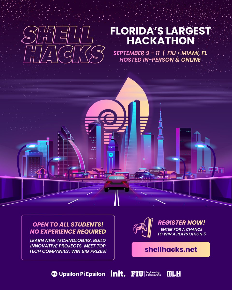SwampHacks's tweet photo. Register now for ShellHacks, Florida's largest hackathon, taking place in-person at Florida International University and virtually online September 9th - 11th! https://t.co/qNzmvhhtkC