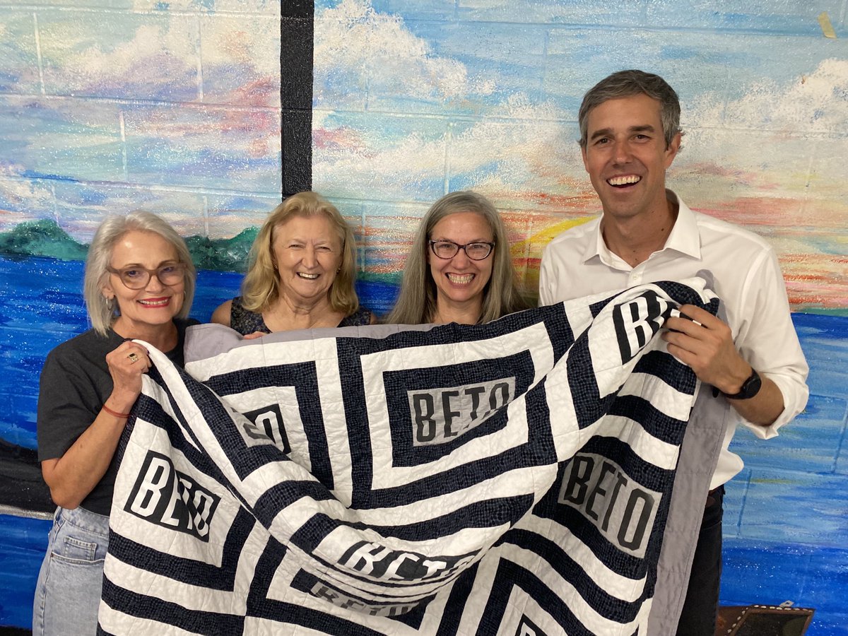 Burnet Texas quilters Christine, Mary, and Kathy made a quilt for Beto out of his 2018 tshirts and presented it to him at Lampassas rally today! #Beto