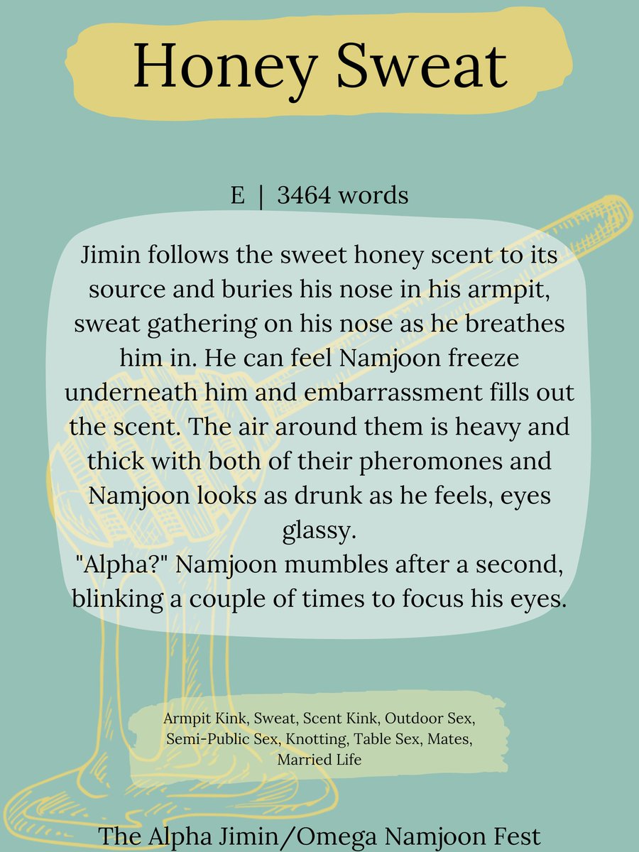 puppychus's tweet photo. Honey Sweat
Namjoon / Jimin
E  |  3464 words

Armpit Kink, Sweat, Scent Kink, Outdoor Sex

For the Alpha Jimin/Omega Namjoon Fest @AJONficfest
https://t.co/jMwucFLlre https://t.co/DcWHagifVx