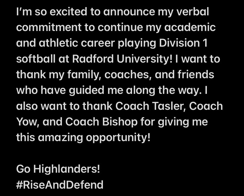 abbybossler9's tweet photo. I’m excited to announce my verbal commitment to continue my academic and athletic career playing D1 softball at Radford University! @RadfordSoftball @atasler22 @marissa_yow @INGatorsCraft @LadyEddies_SB @EddiesAthletics @_SharpTraining https://t.co/6PBjZ8ISGv