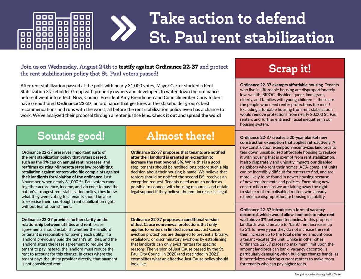 📜 You may have heard about Ordinance 22-37, which would amend the rent stabilization policy St. Paul voters passed last November. Learn more from HJC's policy breakdown and speak out to protect strong rent stabilization. 🔊
hjcmn.org/ordinance-22-3…