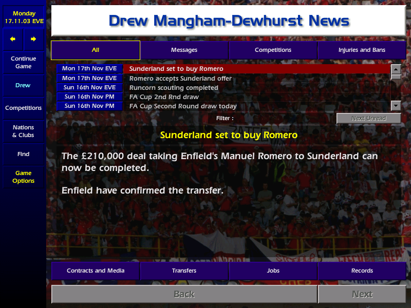 drewmd's tweet image. Meanwhile on #cm0102 we fall victim to the dreaded release clause, losing our talisman Romero to Sunderland. With limited time and budget we turn to Scotsman, Neil MacDonald, who finds the net on his debut. Let's hope his goalscoring acumen is better than his finishing stat.