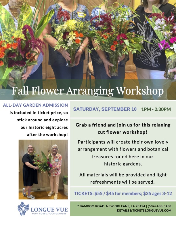 Join us on Saturday, September 10 for our Fall Flower Arranging Workshop!

Grab a friend and design a unique arrangement with cut flowers and botanicals sourced from our eight acres of historic gardens.

longuevue.com/from-the-garde…