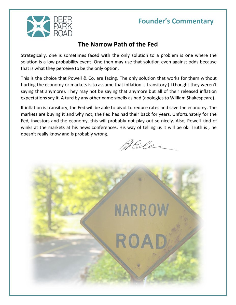 deerparkrd's tweet photo. Michael Craig-Scheckman shares his latest thoughts on Chair Powell and the Fed's narrow path to a solution for the inflation problem in this month's commentary, "The Narrow Path of the Fed".  #rmbs #cmbs #structuredfinance #FederalReserve #inflation https://t.co/Wz2uFvXy1A