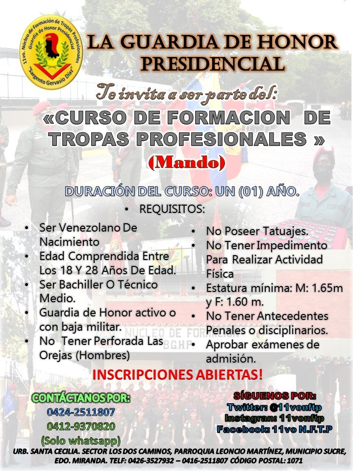 11vonftp's tweet photo. El 11vo N.F.T.P de la G.H.P. te invita a qué integres esta casa de estudio y seas parte de nuestras filas, cómo un alumno de la Guardia de Honor Presidencial.
Inscríbete ya! https://t.co/PcxupZUXvt