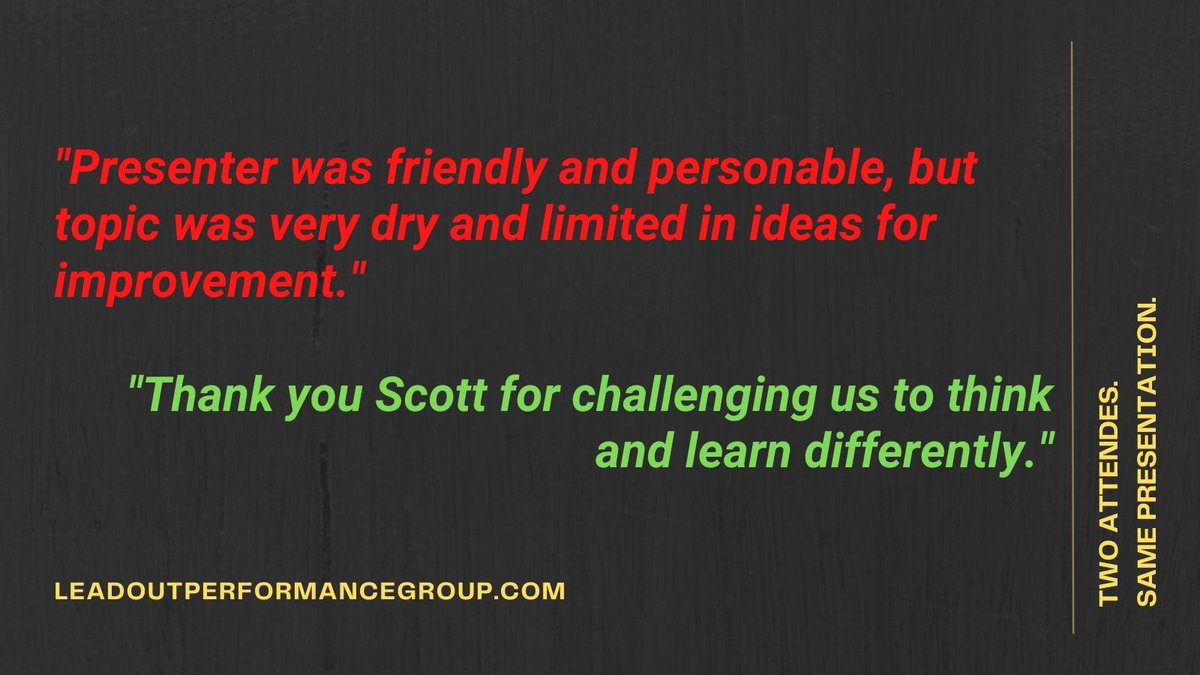 InPositionToWin's tweet image. This is a terrific lesson in #perspective and #expectation. Below are two bits of feedback from two attendees at the EXACT SAME PRESENTATION. Which attendee do you think was more open minded about new ideas? #MultipleWaysToWin #InPositionToWin
