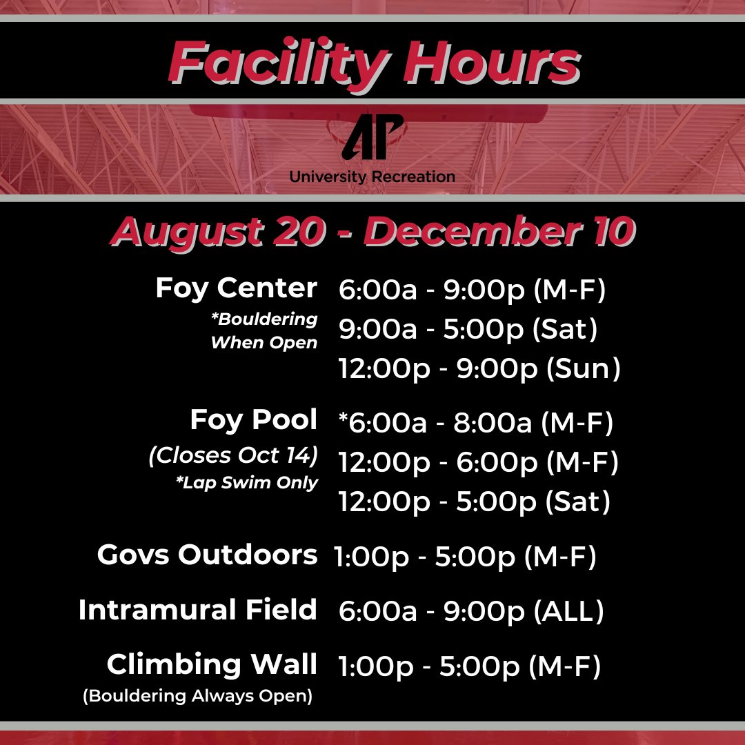 APSUFoyCenter's tweet photo. Check out the Foy's hours for the Fall 2022 Semester! We can't wait to welcome everyone back through our doors! #LetsGoPeay #FitGovs #APSU https://t.co/DEoEIEjFC5