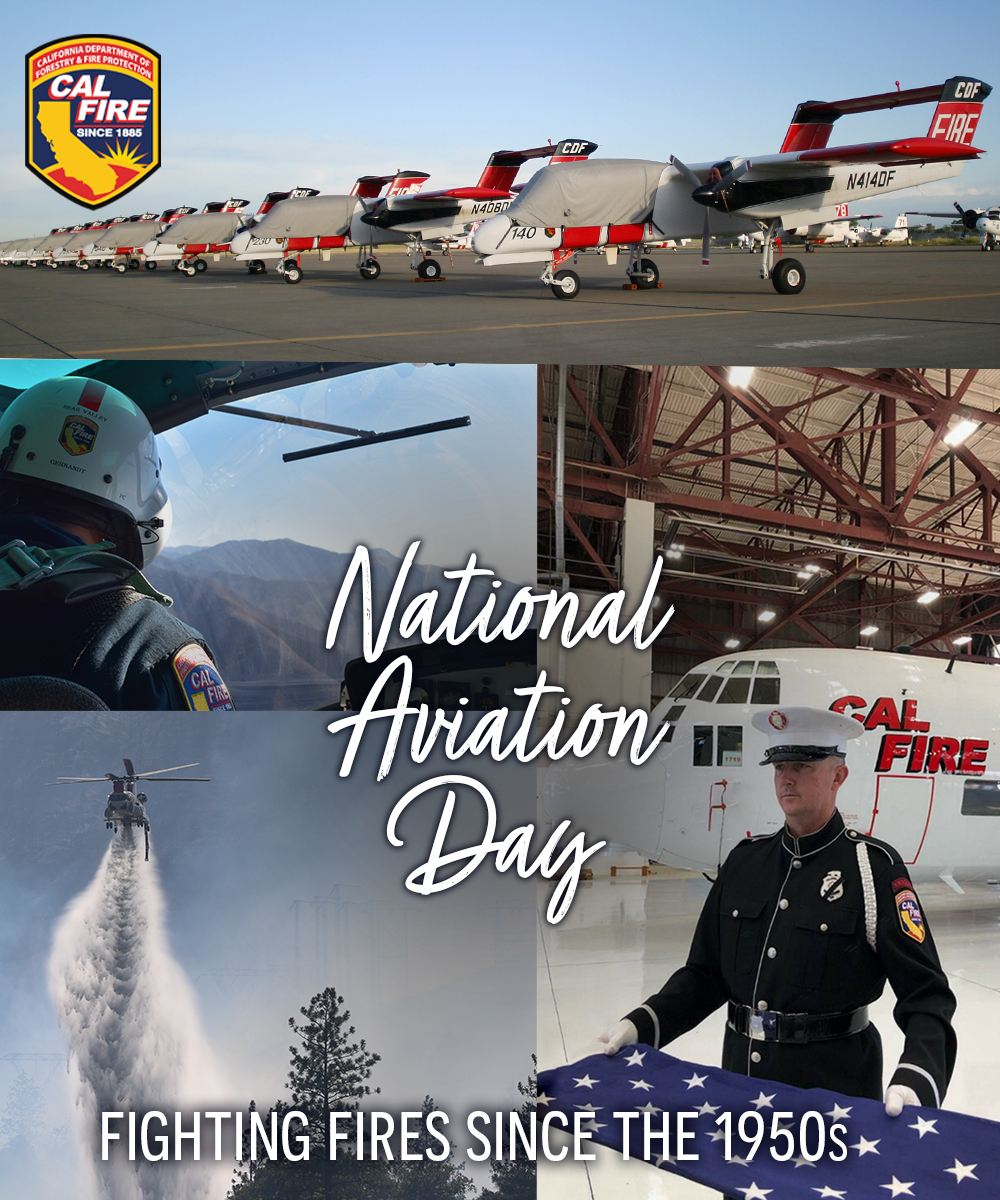 CAL_FIRE's tweet photo. Today is #NationalAviationDay, a day to highlight the importance aerial firefighting resources provide when battling wildfires. Our fleet of aircraft, highly skilled pilots, &amp; aviation support staff, battle fires from the air &amp; provide aerial support to firefighters on the ground https://t.co/y34Z56rVAW