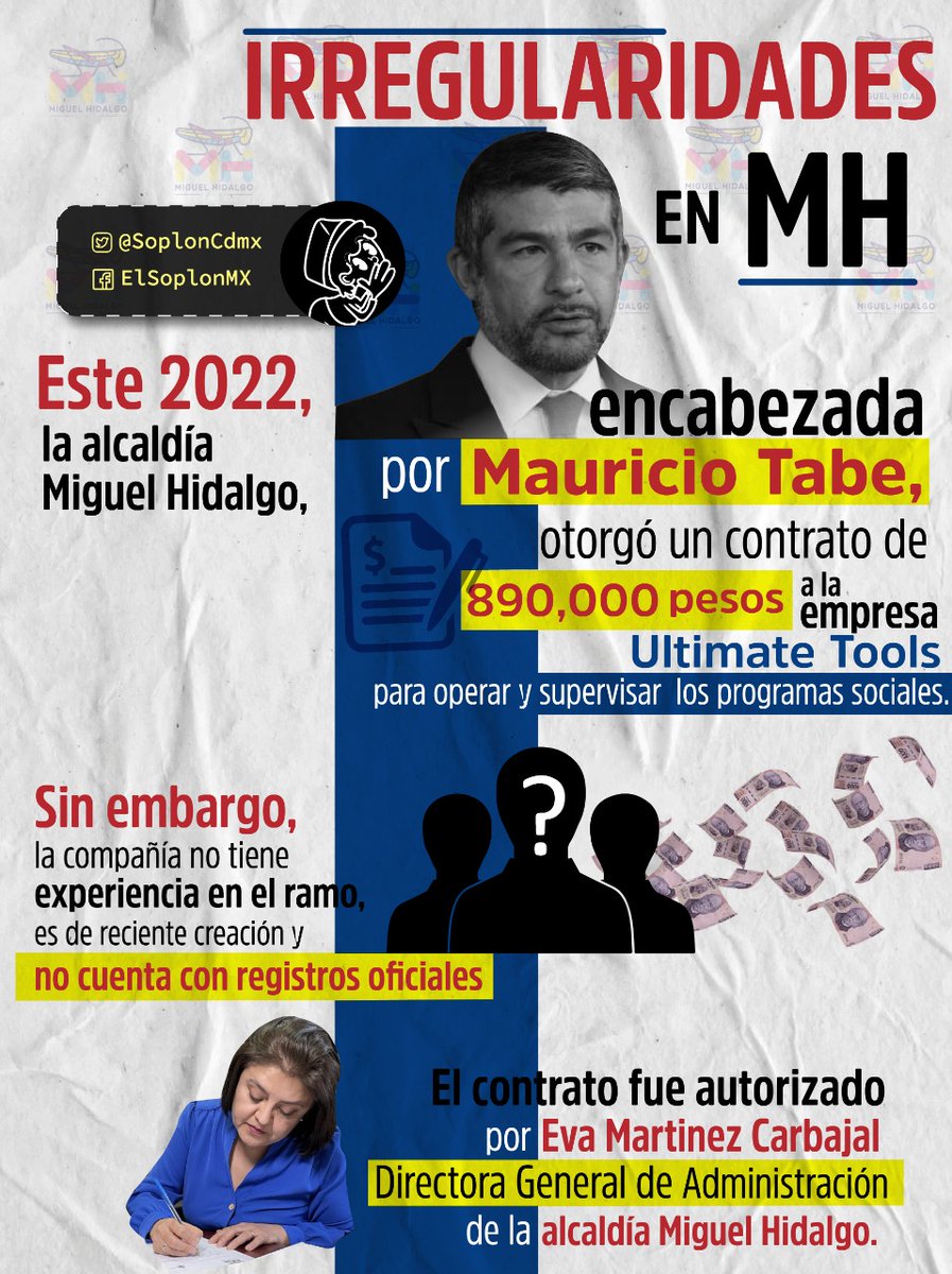 SoplonCdmx's tweet photo. La @AlcaldiaMHmx que encabeza @mauriciotabe dejó la operación de sus programas sociales a una empresa sin experiencia, de reciente creación y no cuenta con registros oficiales. 890 mil pesos se acordaron como pago. #BlindarMH #TabeAusente https://t.co/4Gc4OKGKYh