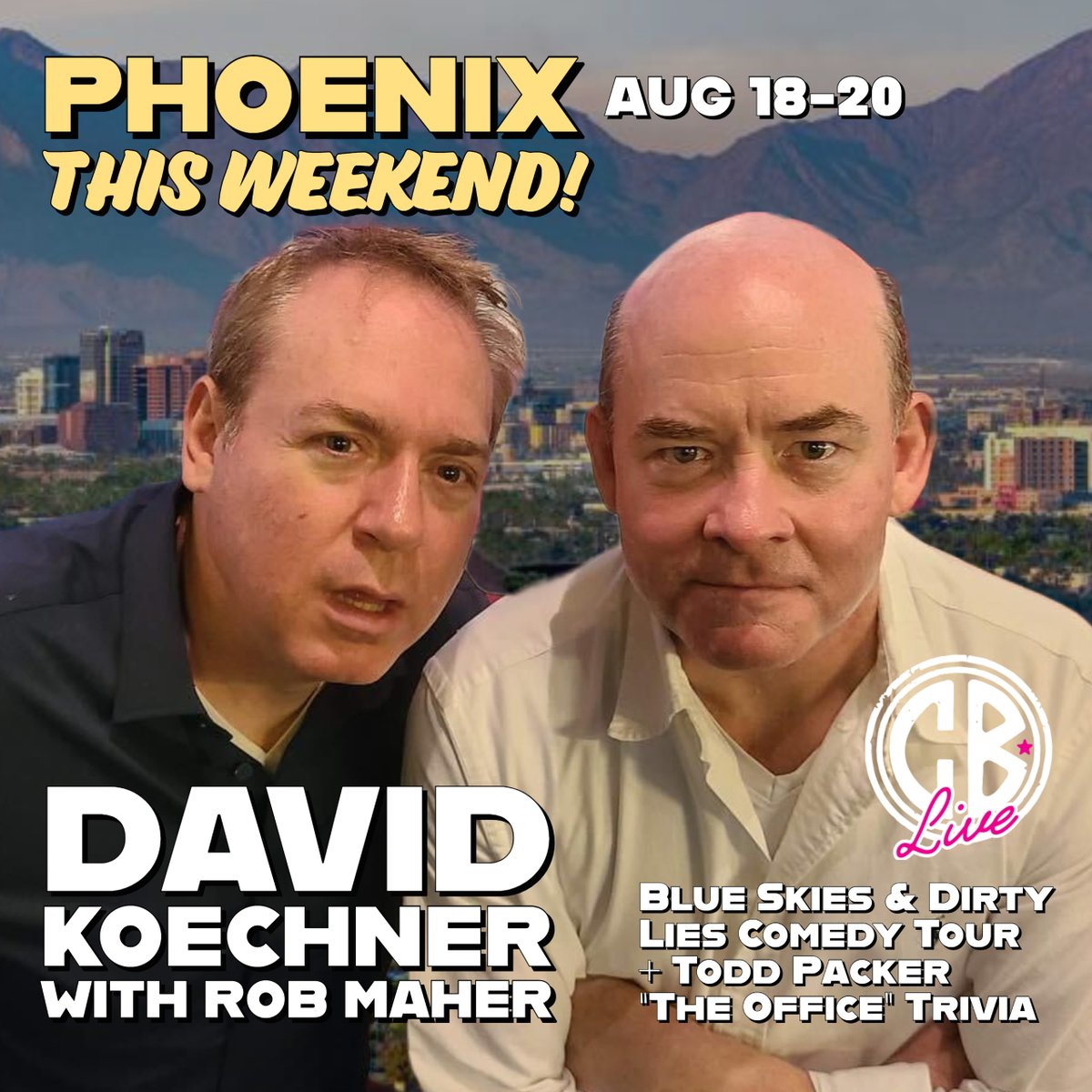 DavidKoechner's tweet photo. PHOENIX @cblivephx this weekend! Saturday trivia is already sold out! Still some tickets left for stand-up funsies tonight, Fri, Sat. https://t.co/xd1RRKIqPW
#phoenix #phx #phxevents #phxcomedy #scottsdale #glendale @FOX10Phoenix @shopdesertridge https://t.co/dBhf8RSugO