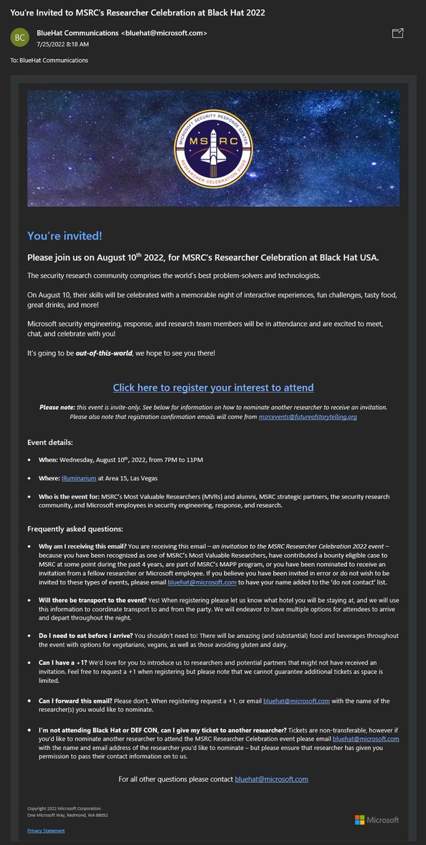 I have been invited to Microsoft MSRC Researcher Celebration at Black Hat USA 2022 in Las Vegas.

Thank you, Microsoft.

#microsoft #MSRC #MVR #BlackHat #BlueHat #researchers #vulnerability #cybersecurity #InfoSec #security #defense #software #IT