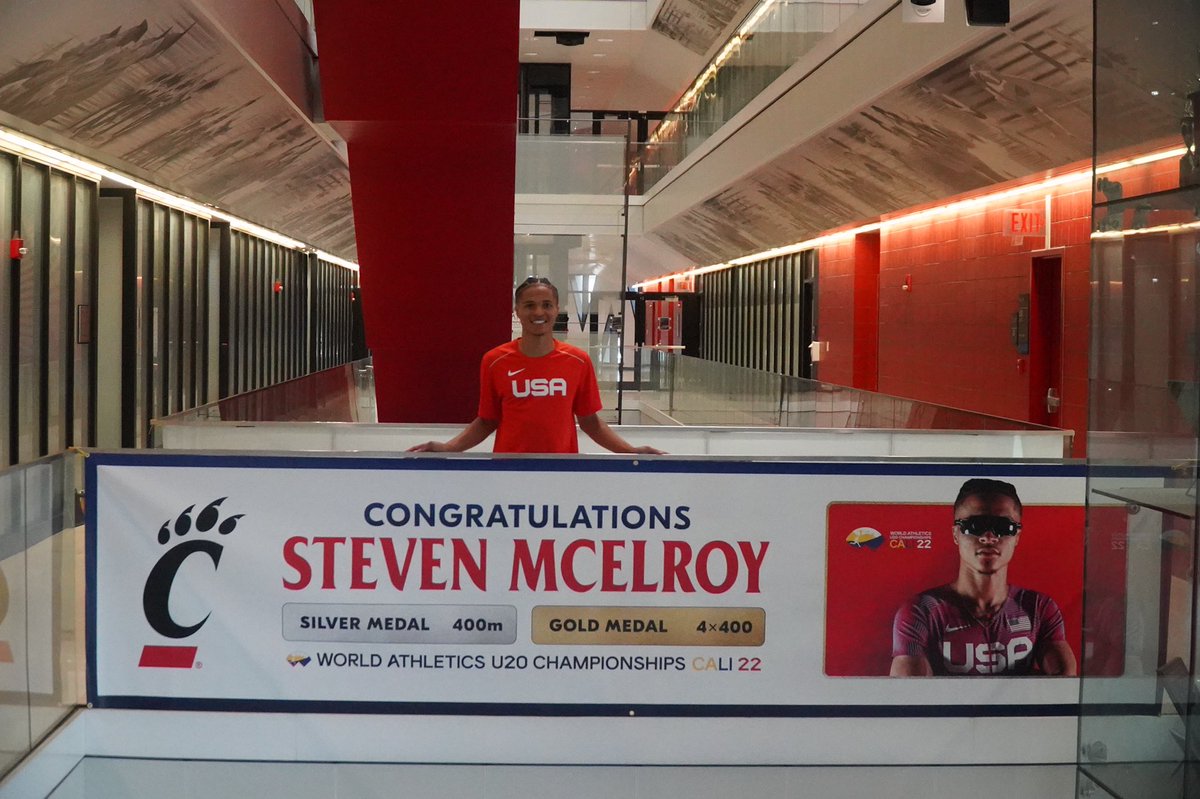 GoBearcatsTFXC's tweet photo. Once again Congratulations @StevenMcelroy22 with a 🥇and 🥈 at the World Athletics U20 Championships!!!

Go check out Steven’s banner yourself at the Richard E. Lindner Center!! 

#bearcats https://t.co/7vMoIrFUyz