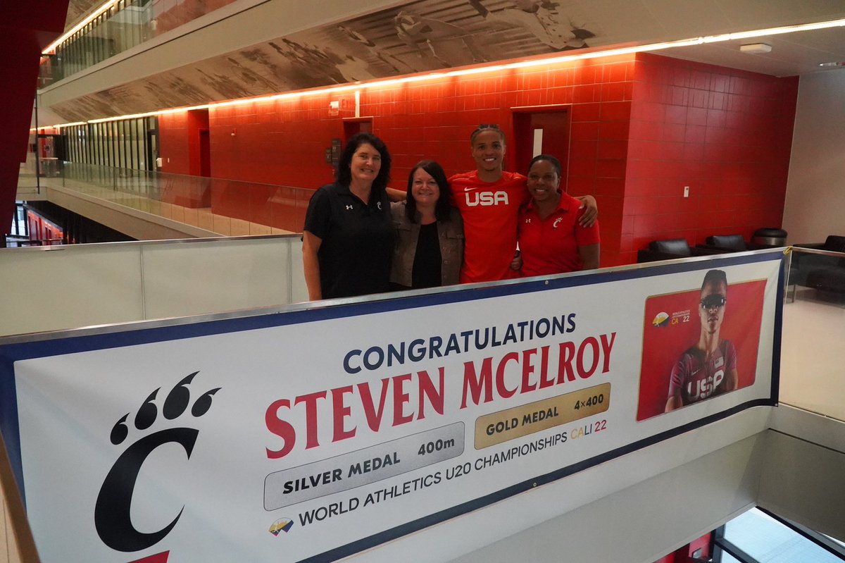 GoBearcatsTFXC's tweet photo. Once again Congratulations @StevenMcelroy22 with a 🥇and 🥈 at the World Athletics U20 Championships!!!

Go check out Steven’s banner yourself at the Richard E. Lindner Center!! 

#bearcats https://t.co/7vMoIrFUyz