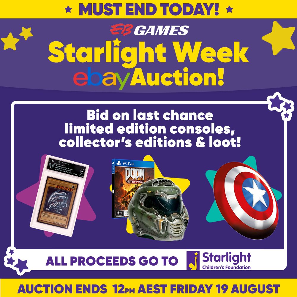 EBGamesAus's tweet photo. ⭐ MUST END 12PM AEST TODAY! ⭐

It's your LAST CHANCE to bid on the #LimitedEdition and #Collector's items from our #eBayAuction, with all money raised going to the #StarlightChildrensFoundationAustralia! 💜

Give the gift of happy: https://t.co/08rPM62NXo

#starlightweek https://t.co/bJnlhR11tp