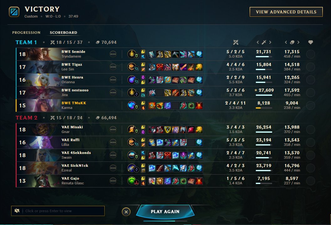 3-1 🧡

Continuo muito insatisfeito com o nosso gameplay, nem vou mentir, mas foi suficiente para vencer estas séries 

Vamos ter que melhorar muito, neste pouco tempo, porque senão vamos só mamar 3-0 outra vez 

GG @EsportsVarona 👍🏼

#BWEWIN