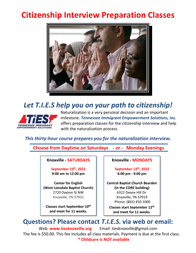 KIN_connect's tweet photo. If you're ready to start the process for U.S. citizenship, TIES can help you prepare this fall.
Saturday mornings or Monday evenings, starting in September.
#KINpartners #KINlearns https://t.co/uShwd2OElT