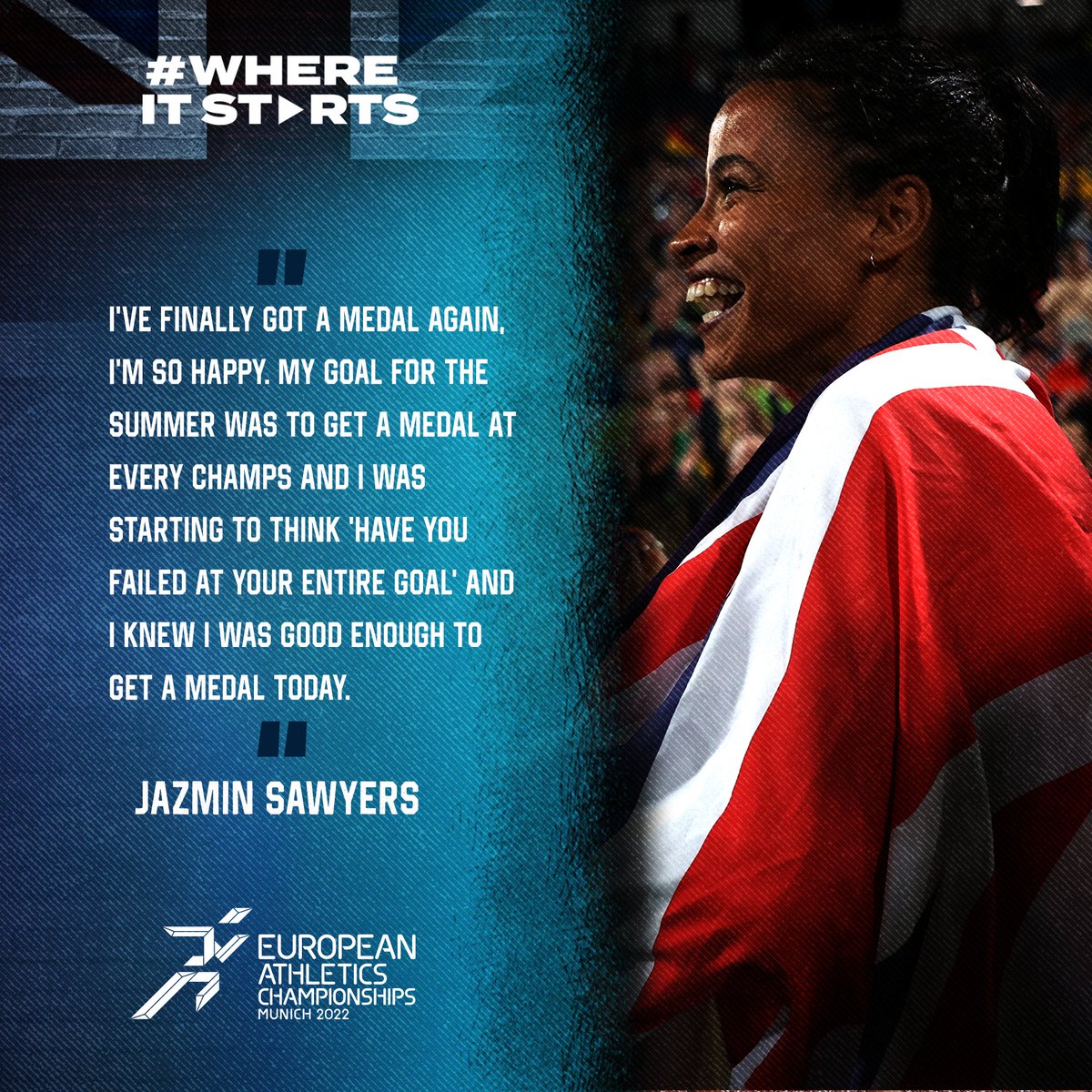 BritAthletics's tweet photo. That medal winning feeling @JazminSawyers 🙌 

#WhereItStarts #Munich2022 https://t.co/CoozdUuRaV