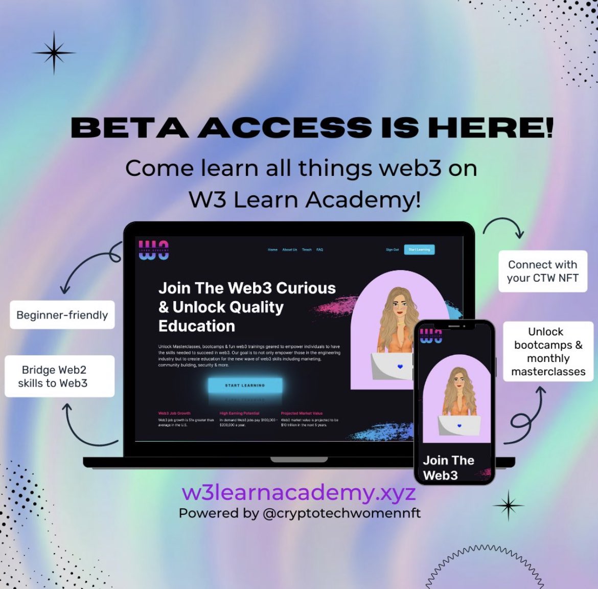 PixieJarsNFT's tweet photo. Pixie’s have partnered with our friends / CCC partners Crypto Tech Women to celebrate the launch of their beta site, W3 Learn Academy https://t.co/mfnZSN789u 
 
Giving away 1 free CTW NFT in 48h!✨To enter:
 
💜Follow @CryptoTechWomen &amp; @PixieJarsNFT 
💜RT + Like
💜Tag 3 friends https://t.co/MjiDKGFX51
