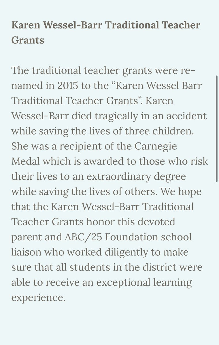 Miss_Angelico's tweet photo. Today I learned that a grant offered to my district is named after one of the most amazing women I have ever met and I couldn’t think of a better way to honor her. Had a quick cry and then smiled remembering this beautiful lady.  @ABC25Foundation https://t.co/UBmJ8WRbRg