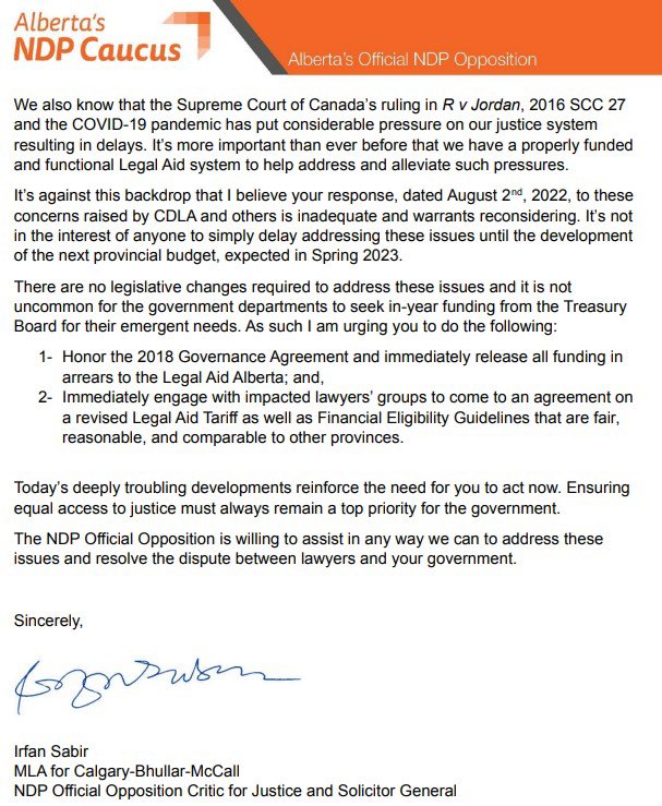 Here’s a copy of the letter that I have sent to the Minister of Justice in relation to the issues facing Legal Aid Alberta.
#ableg