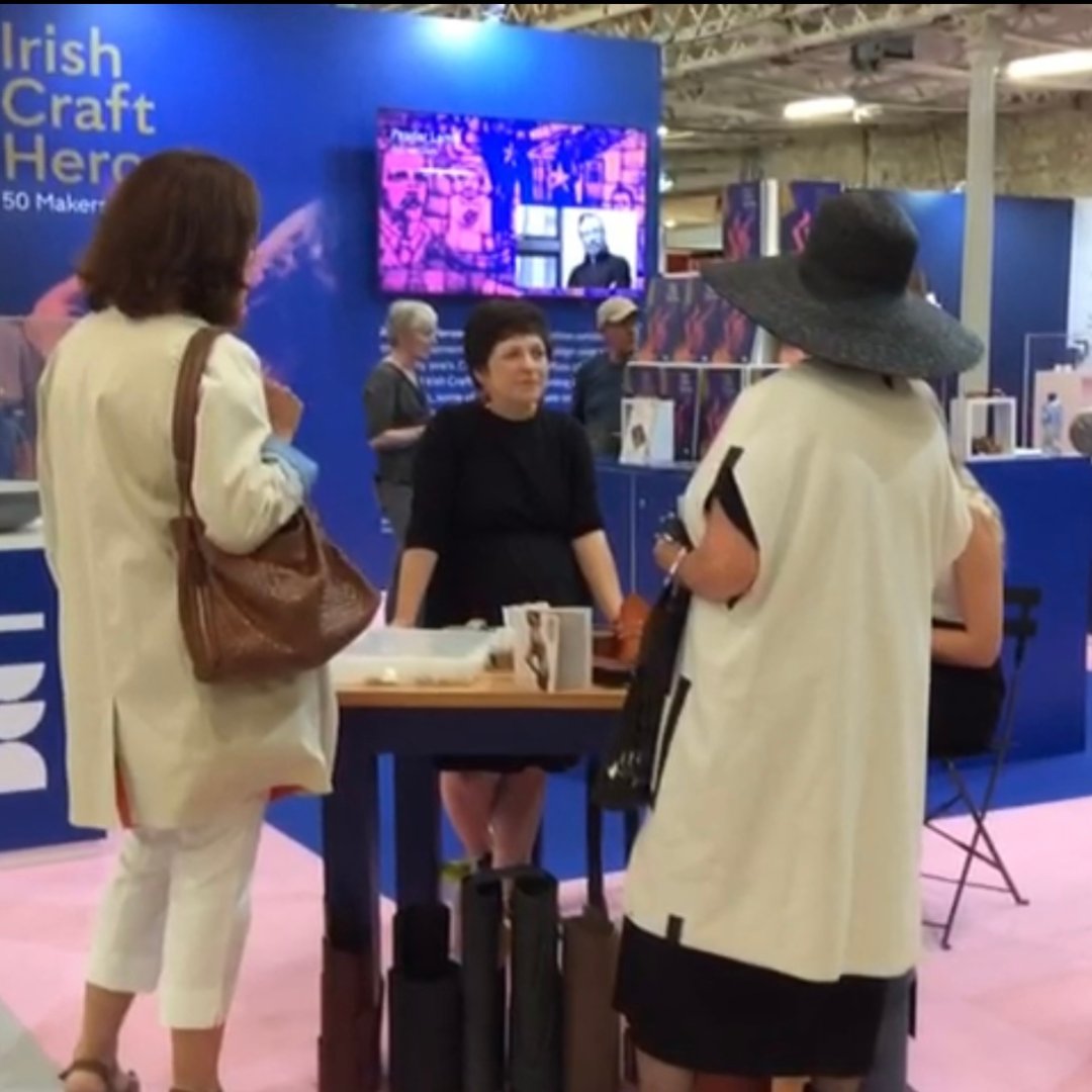 DCCIreland's tweet photo. Another great day @RDS! Thrilled to see so many new faces pop by to explore our stand. รna Burke enthralled audiences throughout the day with her leatherwork demonstrations and we continue to receive amazing feedback on the beautiful #IrishCraftHeroes publication. #ACM22 https://t.co/PimZvfdDW2