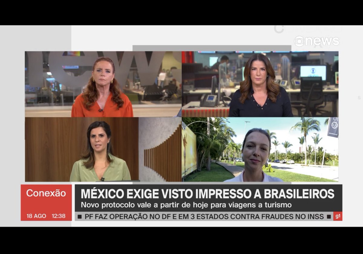 Hoje foi dia de Conexão @globonews com essas mulheres que eu tanto admiro. O tema foi a volta do visto para turistas brasileiros no México. Jornalismo é informação e serviço público. <a href="/LeilaneNeubarth/">Leilane Neubarth</a> <a href="/camilabomfim/">Camila Bomfim</a> <a href="/cristianepelajo/">Christiane Pelajo</a>